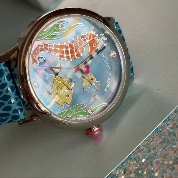 RARE Betsey Johnson Sealife Crystal Accented Teal Croc Leather Buckle Band Watch